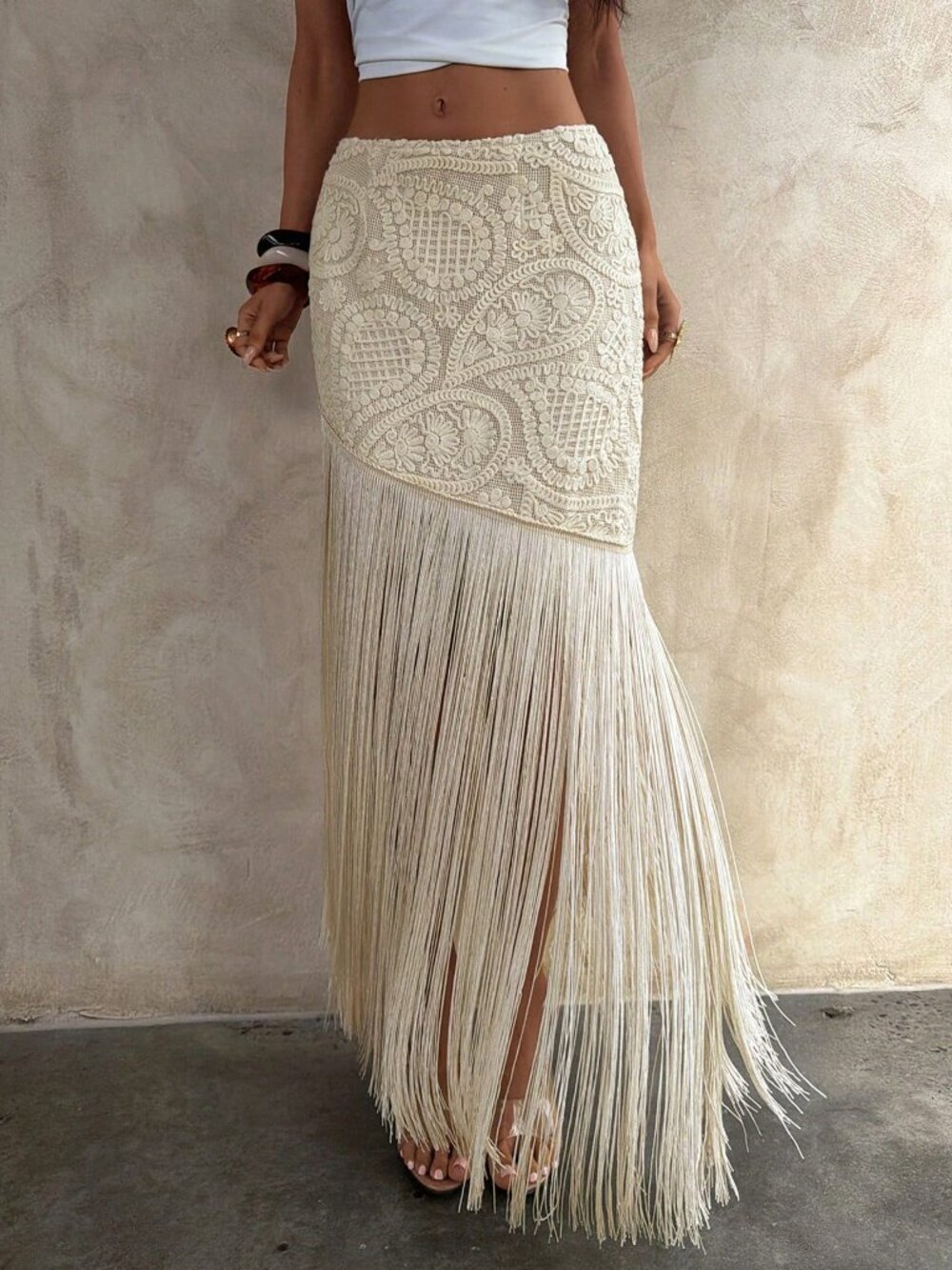 Khaki Elegant Women's Faux Fur Textured Midi Skirt - Picture 5 of 5